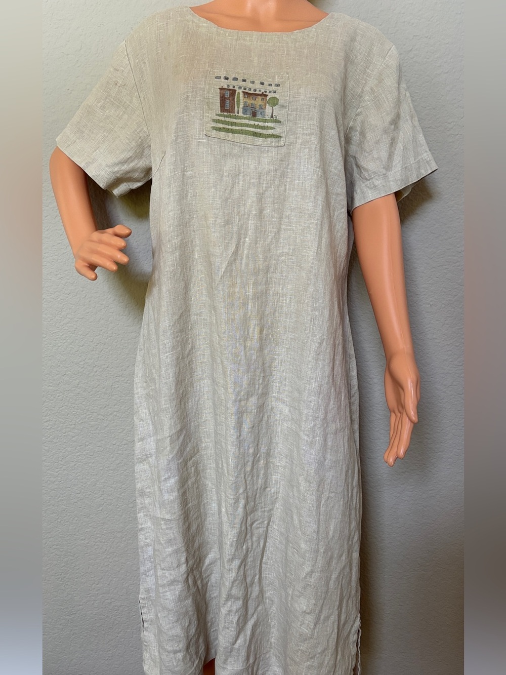 Kiko Linen Dress Womens M Beige House Embroidered Minimalist Cottage Midi Dress